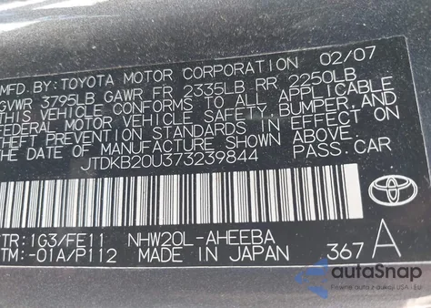 2007 Toyota Prius из США, поврежденный, VIN JTDKB20U373239844